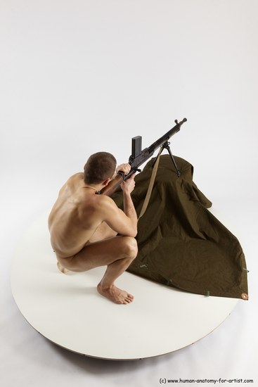 Nude Fighting with submachine gun Man White Slim Short Brown Multi angles poses Realistic