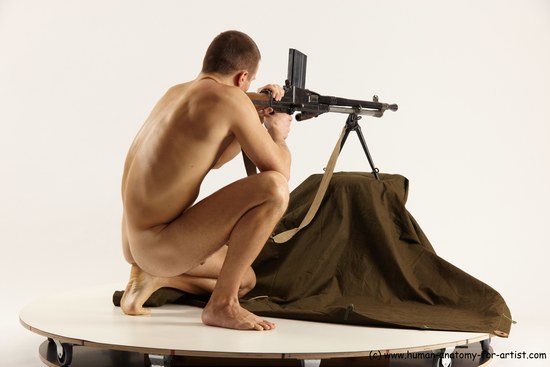 Nude Fighting with submachine gun Man White Slim Short Brown Multi angles poses Realistic