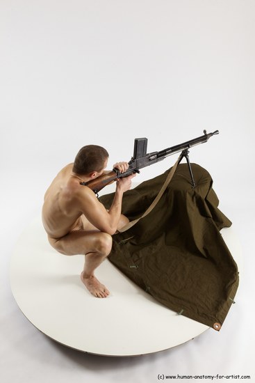 Nude Fighting with submachine gun Man White Slim Short Brown Multi angles poses Realistic