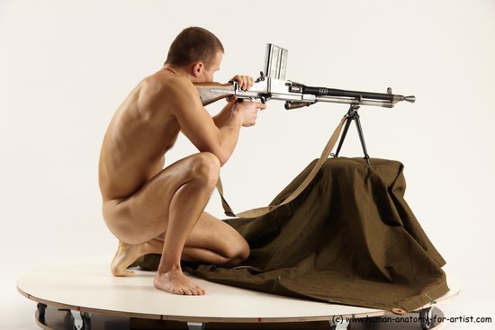 Nude Fighting with submachine gun Man White Slim Short Brown Multi angles poses Realistic