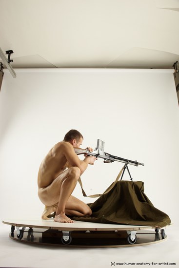 Nude Fighting with submachine gun Man White Slim Short Brown Multi angles poses Realistic