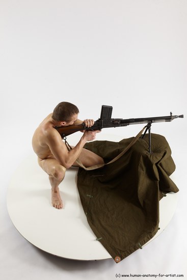 Nude Fighting with submachine gun Man White Slim Short Brown Multi angles poses Realistic