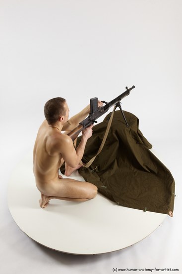 Nude Fighting with submachine gun Man White Slim Short Brown Multi angles poses Realistic