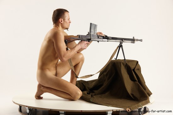 Nude Fighting with submachine gun Man White Slim Short Brown Multi angles poses Realistic