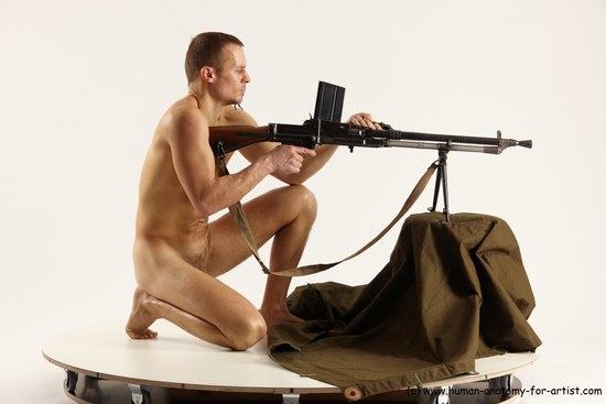 Nude Fighting with submachine gun Man White Slim Short Brown Multi angles poses Realistic