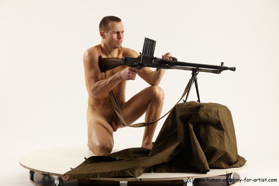 Nude Fighting with submachine gun Man White Slim Short Brown Multi angles poses Realistic