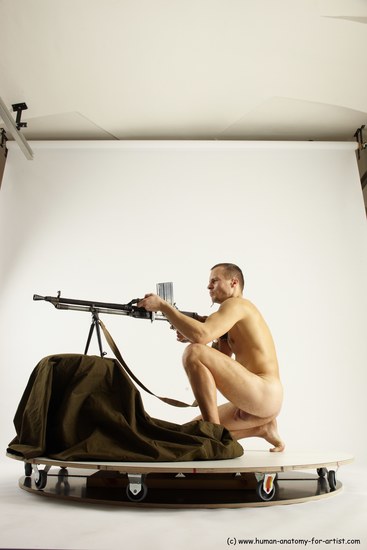 Nude Fighting with submachine gun Man White Slim Short Brown Multi angles poses Realistic