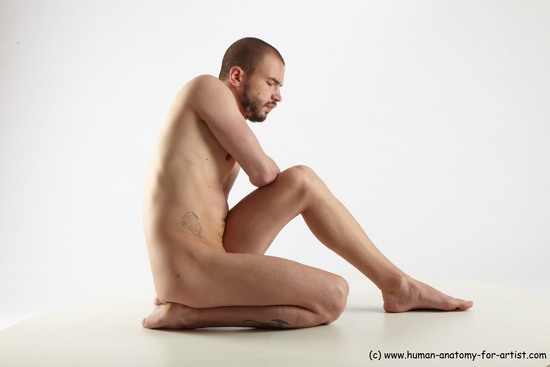 Nude Man White Slim Short Brown Sitting poses - ALL Sitting poses - on knees Realistic