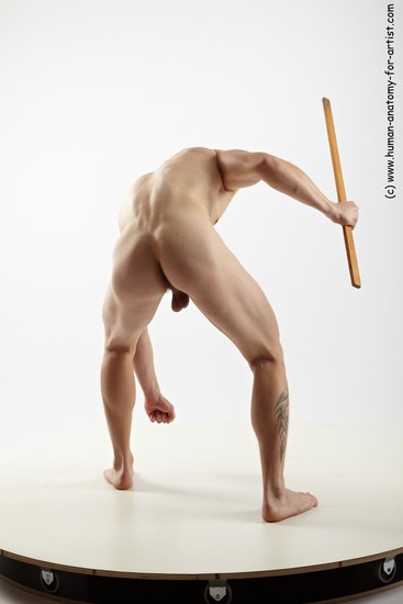 Nude Fighting with spear Man White Muscular Bald Realistic