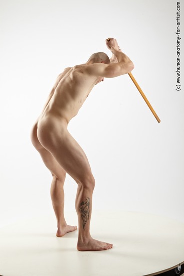 Nude Fighting with spear Man White Muscular Bald Realistic