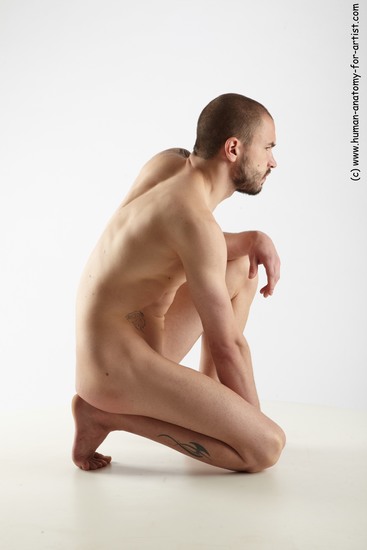 Nude Man White Slim Short Brown Sitting poses - ALL Sitting poses - on knees Realistic