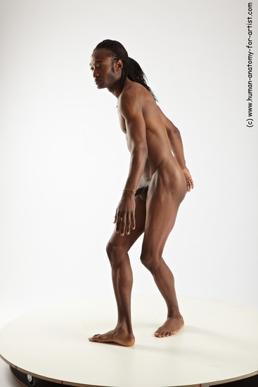 Nude Man Black Standing poses - ALL Athletic Standing poses - knee-bend Black Dreadlocks Realistic