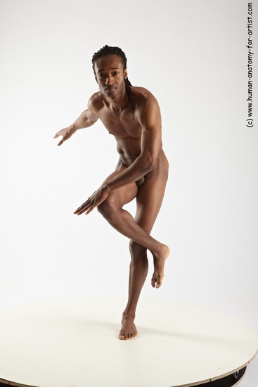 Nude Man Black Standing poses - ALL Athletic Standing poses - knee-bend Black Dreadlocks Realistic