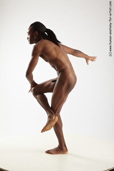 Nude Man Black Standing poses - ALL Athletic Standing poses - knee-bend Black Dreadlocks Realistic