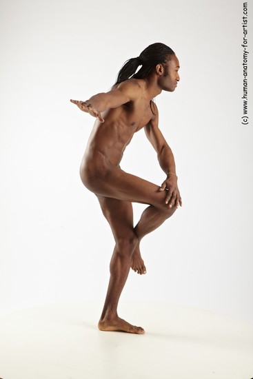 Nude Man Black Standing poses - ALL Athletic Standing poses - knee-bend Black Dreadlocks Realistic