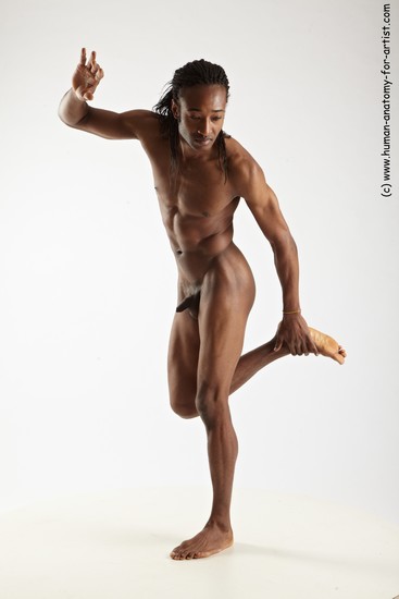 Nude Man Black Standing poses - ALL Athletic Standing poses - knee-bend Black Dreadlocks Realistic