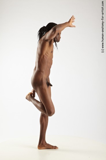 Nude Man Black Standing poses - ALL Athletic Standing poses - knee-bend Black Dreadlocks Realistic