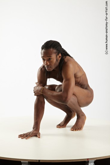 Nude Man Black Standing poses - ALL Athletic Standing poses - knee-bend Black Dreadlocks Realistic