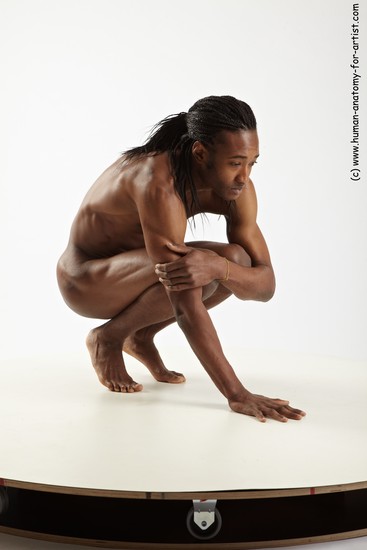 Nude Man Black Standing poses - ALL Athletic Standing poses - knee-bend Black Dreadlocks Realistic