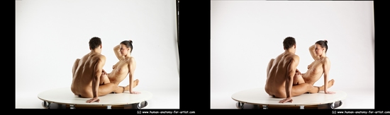 Nude Woman - Man White Sitting poses - simple Muscular Short Brown Sitting poses - ALL 3D Stereoscopic poses Realistic