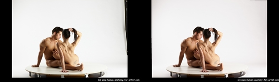 Nude Woman - Man White Sitting poses - simple Muscular Short Brown Sitting poses - ALL 3D Stereoscopic poses Realistic