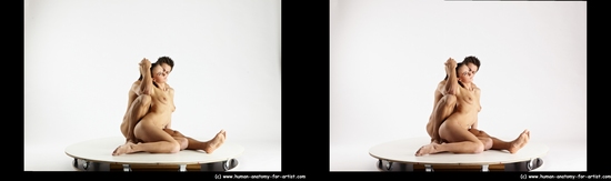 Nude Woman - Man White Sitting poses - simple Muscular Short Brown Sitting poses - ALL 3D Stereoscopic poses Realistic