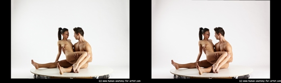 Nude Woman - Man White Sitting poses - simple Muscular Short Brown Sitting poses - ALL 3D Stereoscopic poses Realistic