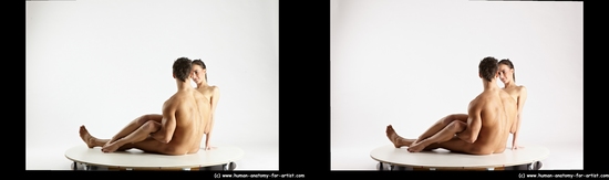 Nude Woman - Man White Sitting poses - simple Muscular Short Brown Sitting poses - ALL 3D Stereoscopic poses Realistic