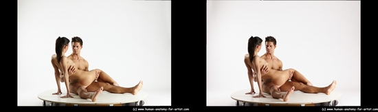 Nude Woman - Man White Sitting poses - simple Muscular Short Brown Sitting poses - ALL 3D Stereoscopic poses Realistic