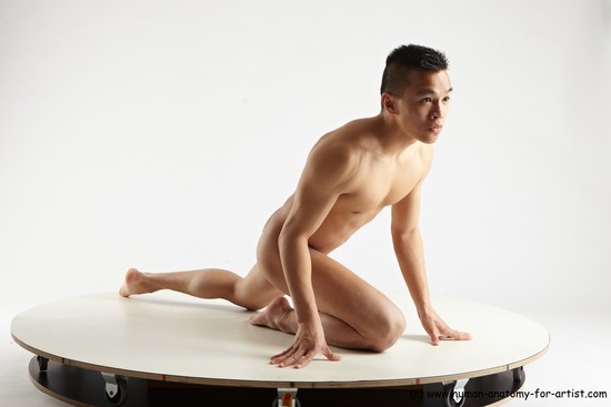 Nude Man Asian Kneeling poses - ALL Slim Short Kneeling poses - on both knees Black Realistic