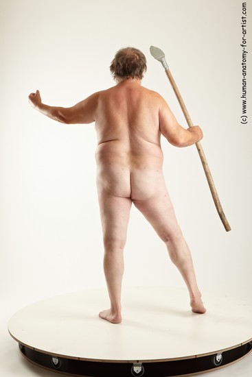 Nude Fighting with spear Man White Overweight Short Grey Realistic