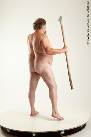 Nude Fighting with spear Man White Overweight Short Grey Realistic