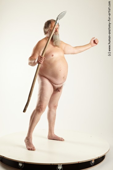 Nude Fighting with spear Man White Overweight Short Grey Realistic