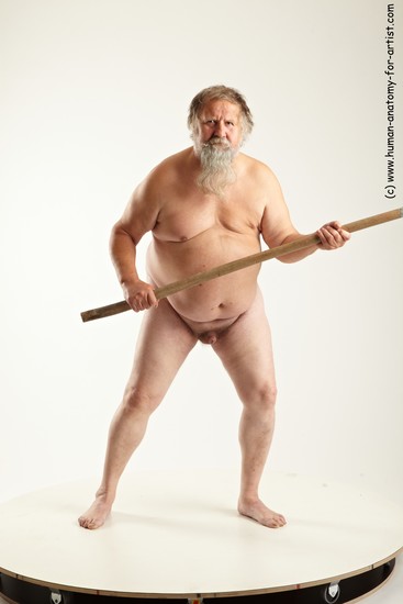 Nude Fighting with spear Man White Overweight Short Grey Realistic