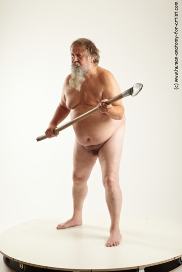 Nude Fighting with spear Man White Overweight Short Grey Realistic