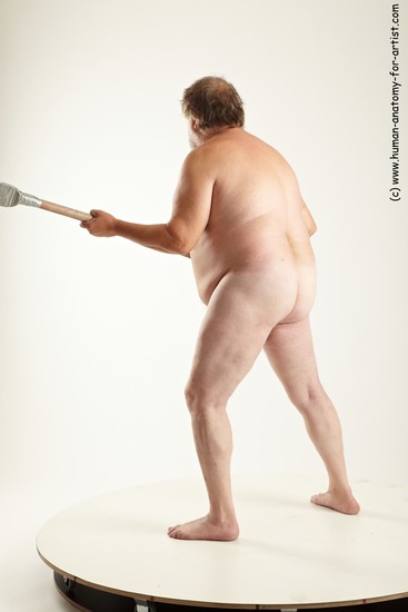 Nude Fighting with spear Man White Overweight Short Grey Realistic