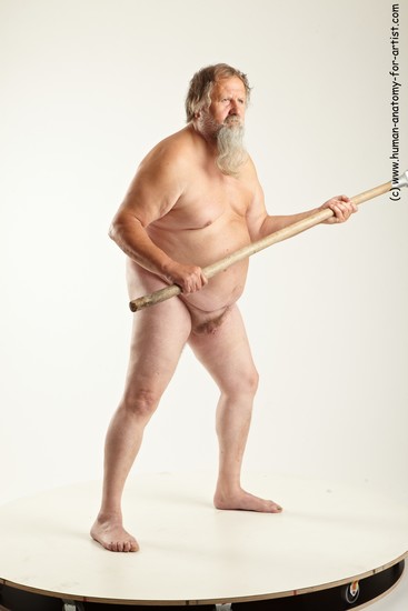 Nude Fighting with spear Man White Overweight Short Grey Realistic