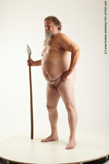 Nude Fighting with spear Man White Overweight Short Grey Realistic