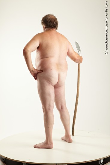 Nude Fighting with spear Man White Overweight Short Grey Realistic