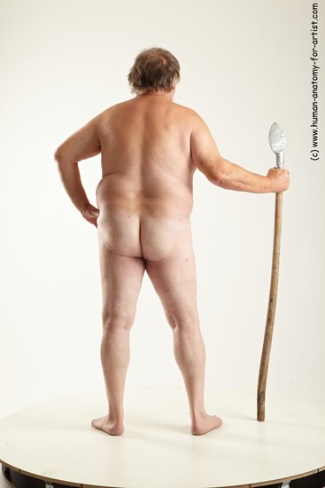 Nude Fighting with spear Man White Overweight Short Grey Realistic