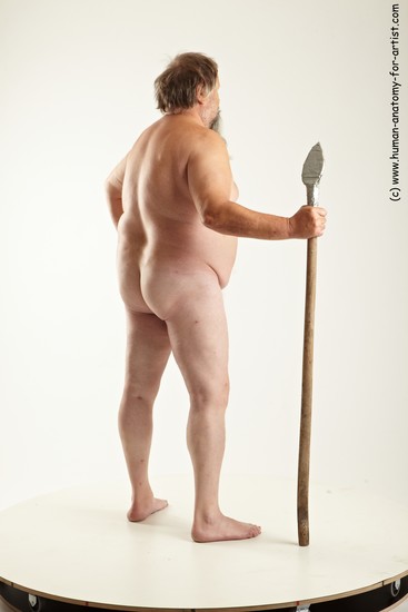 Nude Fighting with spear Man White Overweight Short Grey Realistic