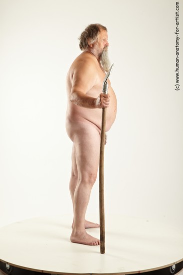 Nude Fighting with spear Man White Overweight Short Grey Realistic