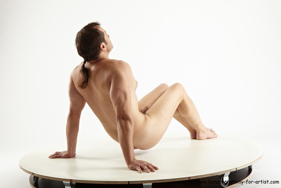 Nude Gymnastic poses Man White Muscular Long Brown Realistic