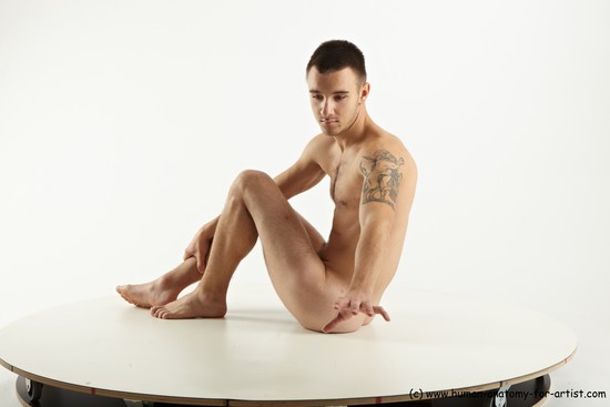 Nude Man White Sitting poses - simple Slim Short Brown Sitting poses - ALL Realistic