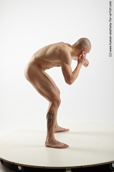 Nude Man White Standing poses - ALL Muscular Bald Standing poses - bend over Realistic