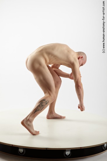 Nude Man White Standing poses - ALL Muscular Bald Standing poses - bend over Realistic