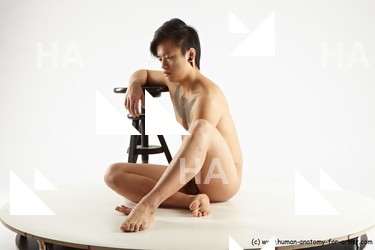 Nude Man Asian Sitting poses - simple Slim Short Black Sitting poses - ALL Realistic