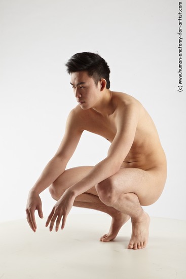 Nude Man Asian Standing poses - ALL Slim Short Standing poses - knee-bend Black Realistic