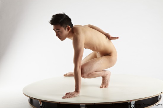 Nude Man Asian Standing poses - ALL Slim Short Standing poses - knee-bend Black Realistic