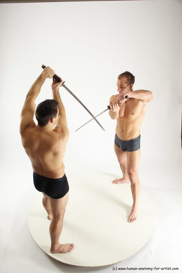 Underwear Fighting with sword Man - Man White Muscular Short Brown Multi angles poses Academic